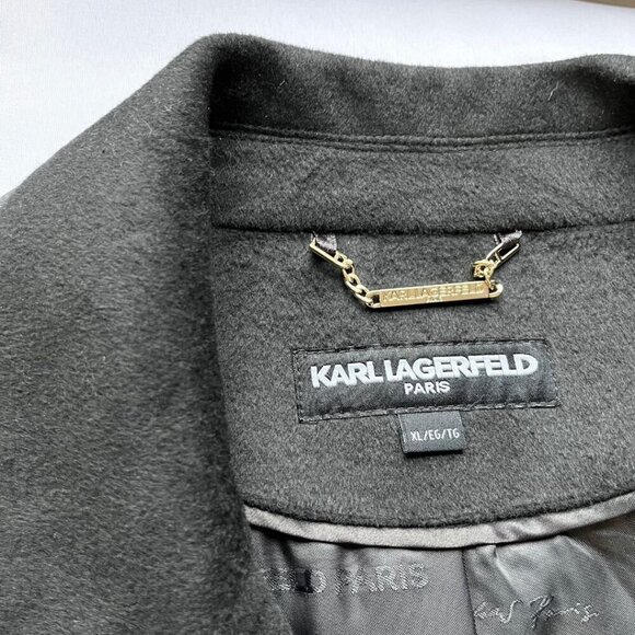NWT KARL LAGERFELD WOMEN'S BLACK WOOL BLEND GOLDEN CHAIN TRENCH COAT- XL - Picture 9 of 16
